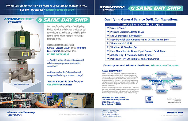 Trimteck OpGL Control Valve Same Day Ship service card